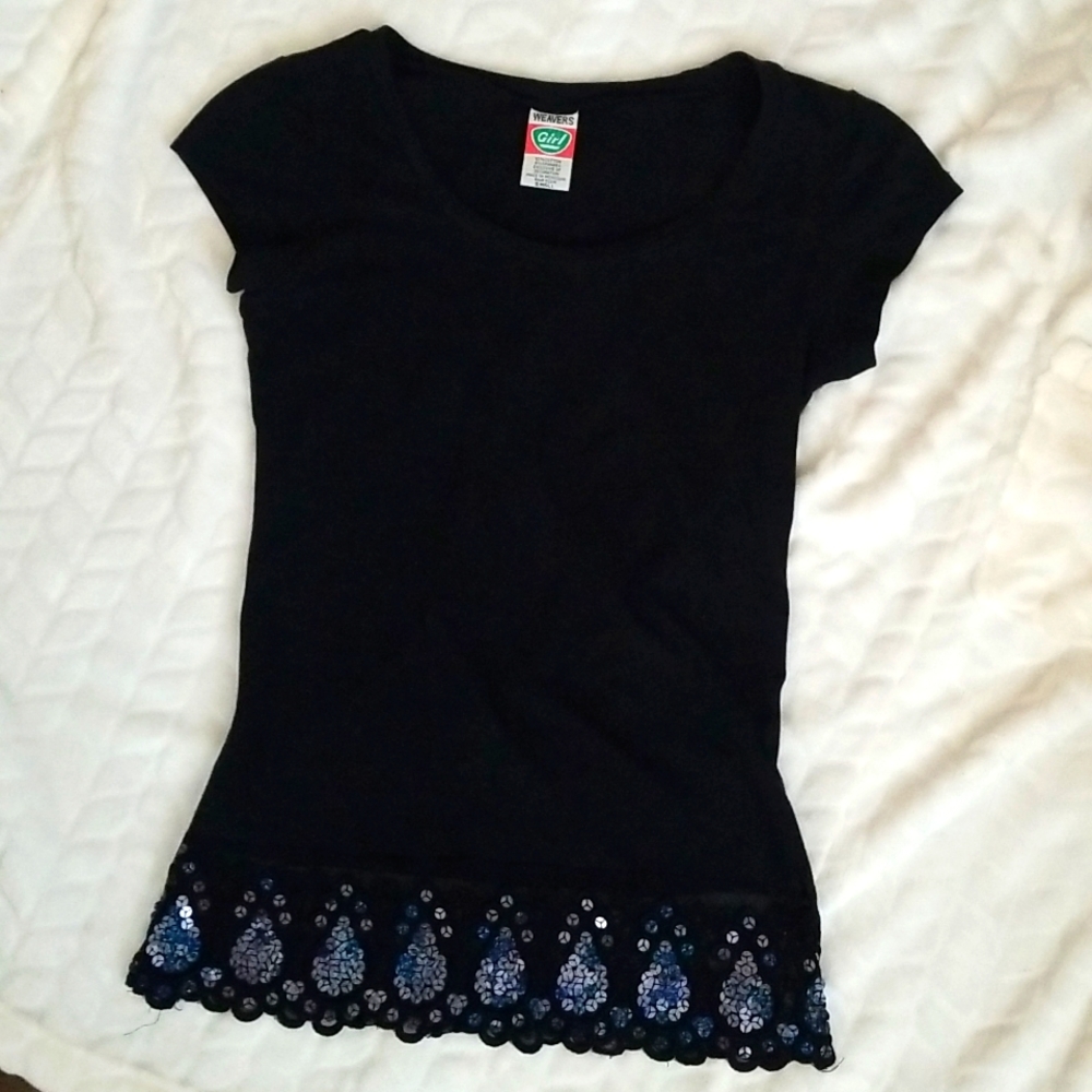 Weavers Girl  Black T-Shirt with lace/sequins - Size Small